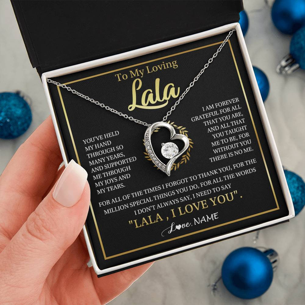 Forever Love Necklace 14K White Gold Finish | 2 | Personalized To My Lala Gifts Necklace From Granddaughter Grandson Grateful Thank You Lala Birthday Mothers Day Christmas Customized Gift Box Message Card | siriusteestore