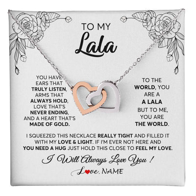 Interlocking Hearts Necklace Stainless Steel & Rose Gold Finish | 1 | Personalized To My Lala Necklace From Grandkids Granddaughter Hold This Close Feel My Love Lala Birthday Mothers Day Christmas Customized Gift Box Message Card | siriusteestore