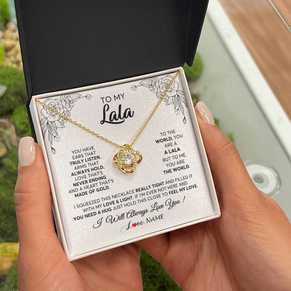 Love Knot Necklace 18K Yellow Gold Finish | 2 | Personalized To My Lala Necklace From Grandkids Granddaughter Hold This Close Feel My Love Lala Birthday Mothers Day Christmas Customized Gift Box Message Card | siriusteestore