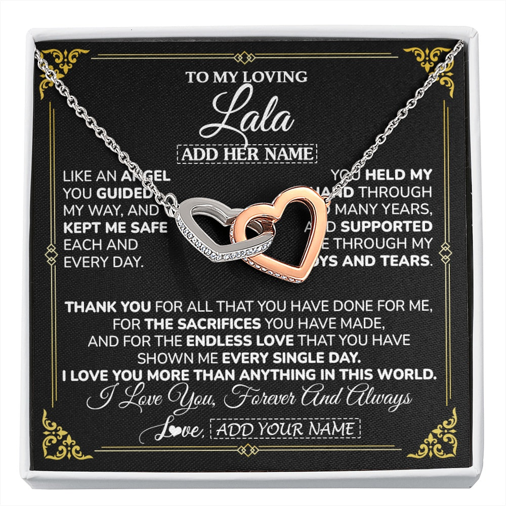 Interlocking Hearts Necklace Stainless Steel & Rose Gold Finish | 1 | Personalized To My Lala Necklace Gifts Meaningful Gift To Lala From Granddaughter Without You There Is No Me Mothers Day Birthday Custom Gift Box Message Card | https://siriusteestore.