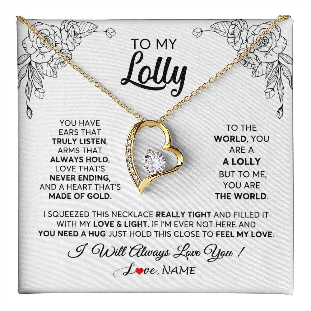 Forever Love Necklace 18K Yellow Gold Finish | 1 | Personalized To My Lolly Necklace From Grandkids Granddaughter Hold This Close Feel My Love Lolly Birthday Mothers Day Jewelry Customized Gift Box Message Card | siriusteestore