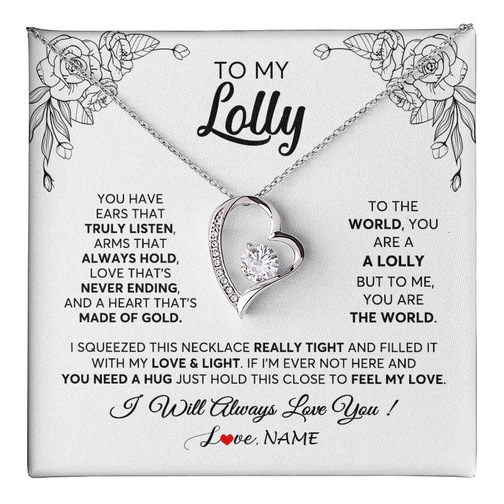 Forever Love Necklace 14K White Gold Finish | 1 | Personalized To My Lolly Necklace From Grandkids Granddaughter Hold This Close Feel My Love Lolly Birthday Mothers Day Jewelry Customized Gift Box Message Card | siriusteestore