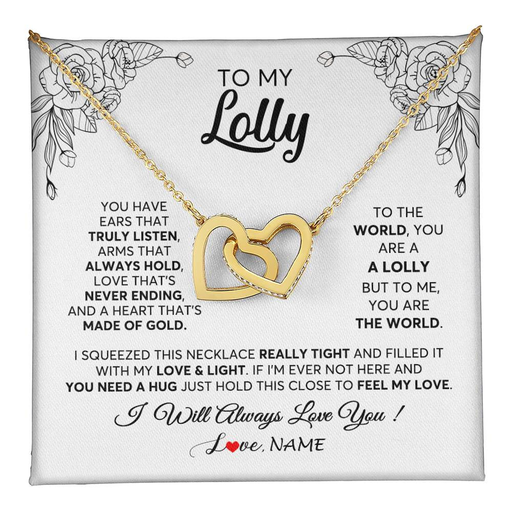 Interlocking Hearts Necklace 18K Yellow Gold Finish | 1 | Personalized To My Lolly Necklace From Grandkids Granddaughter Hold This Close Feel My Love Lolly Birthday Mothers Day Jewelry Customized Gift Box Message Card | siriusteestore