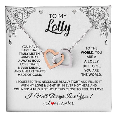 Interlocking Hearts Necklace Stainless Steel & Rose Gold Finish | 1 | Personalized To My Lolly Necklace From Grandkids Granddaughter Hold This Close Feel My Love Lolly Birthday Mothers Day Jewelry Customized Gift Box Message Card | siriusteestore