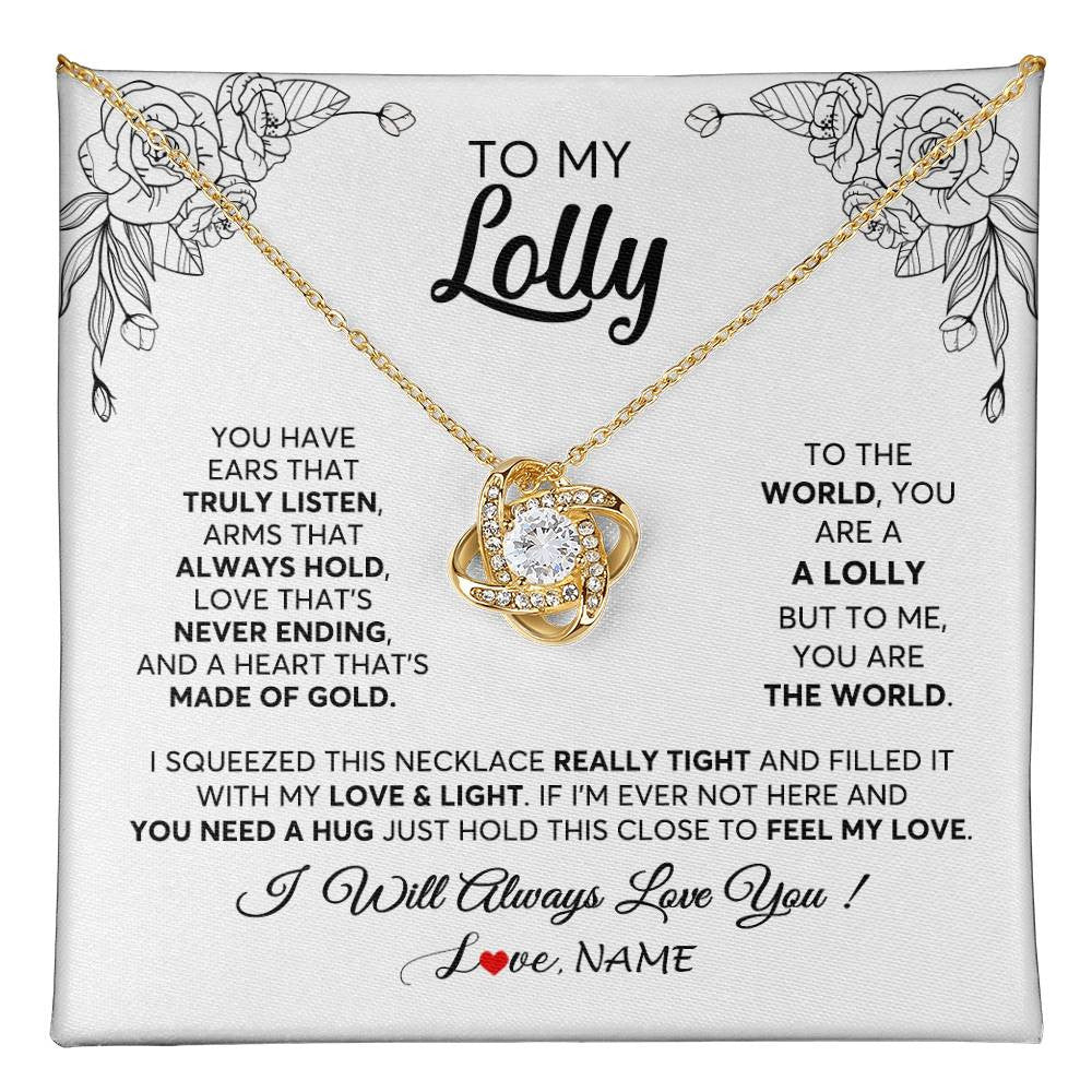 Love Knot Necklace 18K Yellow Gold Finish | 1 | Personalized To My Lolly Necklace From Grandkids Granddaughter Hold This Close Feel My Love Lolly Birthday Mothers Day Jewelry Customized Gift Box Message Card | siriusteestore