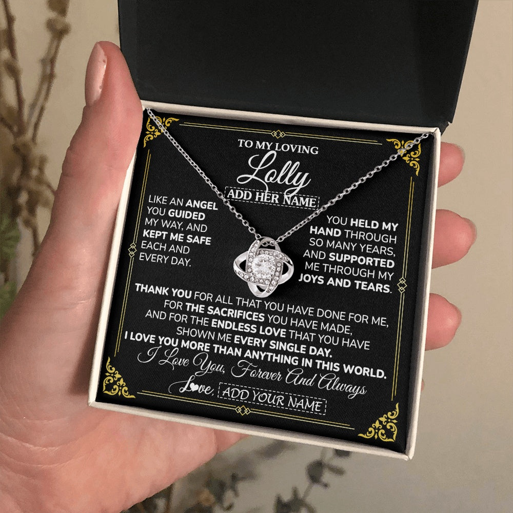 Love Knot Necklace 14K White Gold Finish | 2 | Personalized To My Lolly Necklace Gifts Meaningful Gift To Lolly From Granddaughter Without You There Is No Me Mothers Day Birthday Gift Box Message Card | https://siriusteestore.