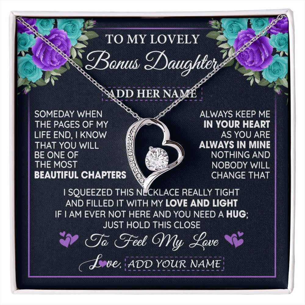 Forever Love Necklace 14K White Gold Finish | 1 | Personalized To My Lovely Bonus Daughter Necklace Gift From Stepdad Feel My Love Stepdaughter Birthday Gift Mother's Day Christmas Gift Box Message Card | siriusteestore.myshopify