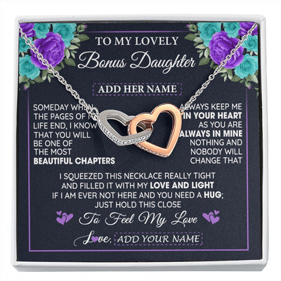 Interlocking Hearts Necklace Stainless Steel & Rose Gold Finish | 1 | Personalized To My Lovely Bonus Daughter Necklace Gift From Stepdad Feel My Love Stepdaughter Birthday Gift Mother's Day Christmas Gift Box Message Card | siriusteestore.myshopify