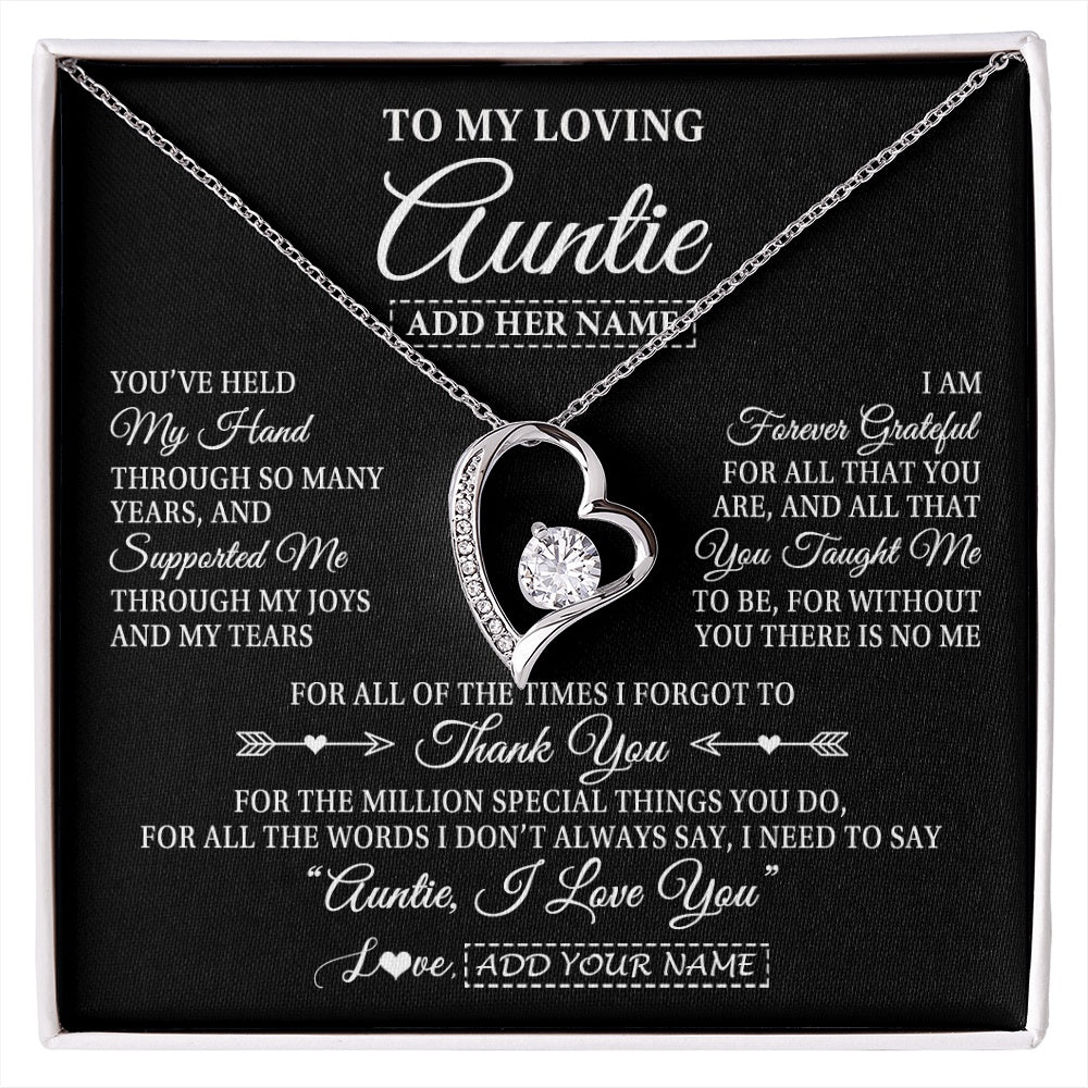 Forever Love Necklace 14K White Gold Finish | 1 | Personalized To My Loving Auntie Necklace From Niece You've Help My Hand Auntie Gift From Nephew Auntie Birthday Gifts Mothers Day Custom Gift Box Message Card | https://siriusteestore.