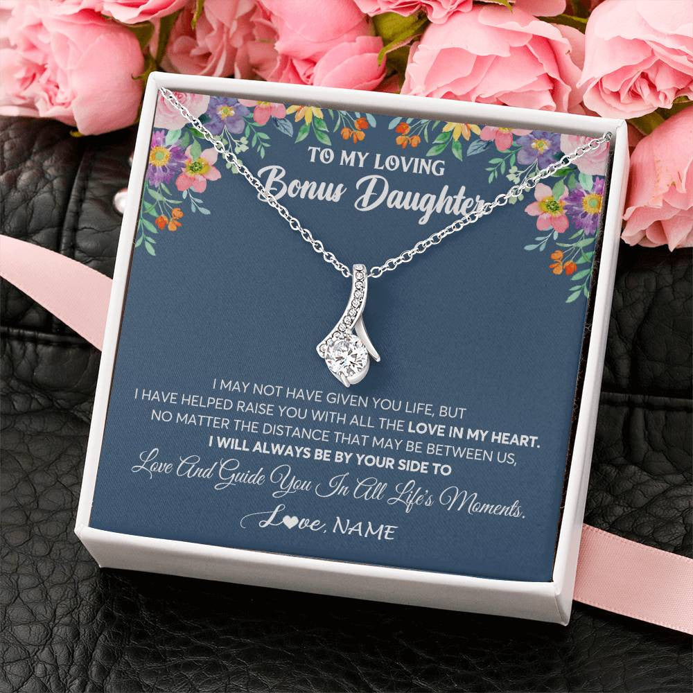 Alluring Beauty Necklace 14K White Gold Finish | 2 | Personalized To My Loving Bonus Daughter Necklace From Stepmom No Matter The Distance Stepdaughter Birthday Christmas Jewelry Customized Gift Box Message Card | siriusteestore