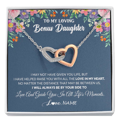 Interlocking Hearts Necklace Stainless Steel & Rose Gold Finish | 1 | Personalized To My Loving Bonus Daughter Necklace From Stepmom No Matter The Distance Stepdaughter Birthday Christmas Jewelry Customized Gift Box Message Card | siriusteestore