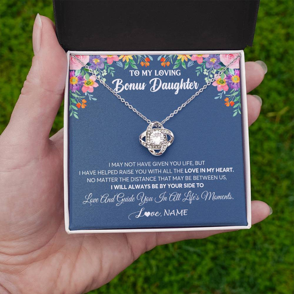 Love Knot Necklace 14K White Gold Finish | 2 | Personalized To My Loving Bonus Daughter Necklace From Stepmom No Matter The Distance Stepdaughter Birthday Christmas Jewelry Customized Gift Box Message Card | siriusteestore