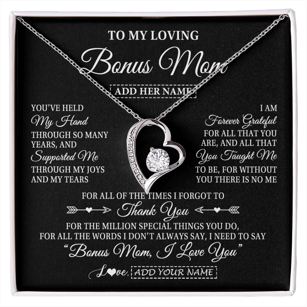 Forever Love Necklace 14K White Gold Finish | 1 | Personalized To My Loving Bonus Mom Necklace From Stepdaughter You've Help My Hand Stepmom Gift Step Mom Birthday Gifts Mothers Day Gift Box Message Card | https://siriusteestore.