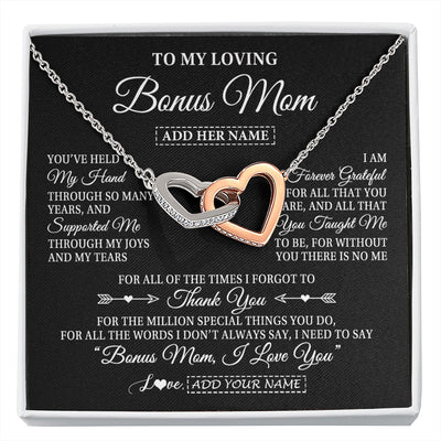 Interlocking Hearts Necklace Stainless Steel & Rose Gold Finish | 1 | Personalized To My Loving Bonus Mom Necklace From Stepdaughter You've Help My Hand Stepmom Gift Step Mom Birthday Gifts Mothers Day Gift Box Message Card | https://siriusteestore.