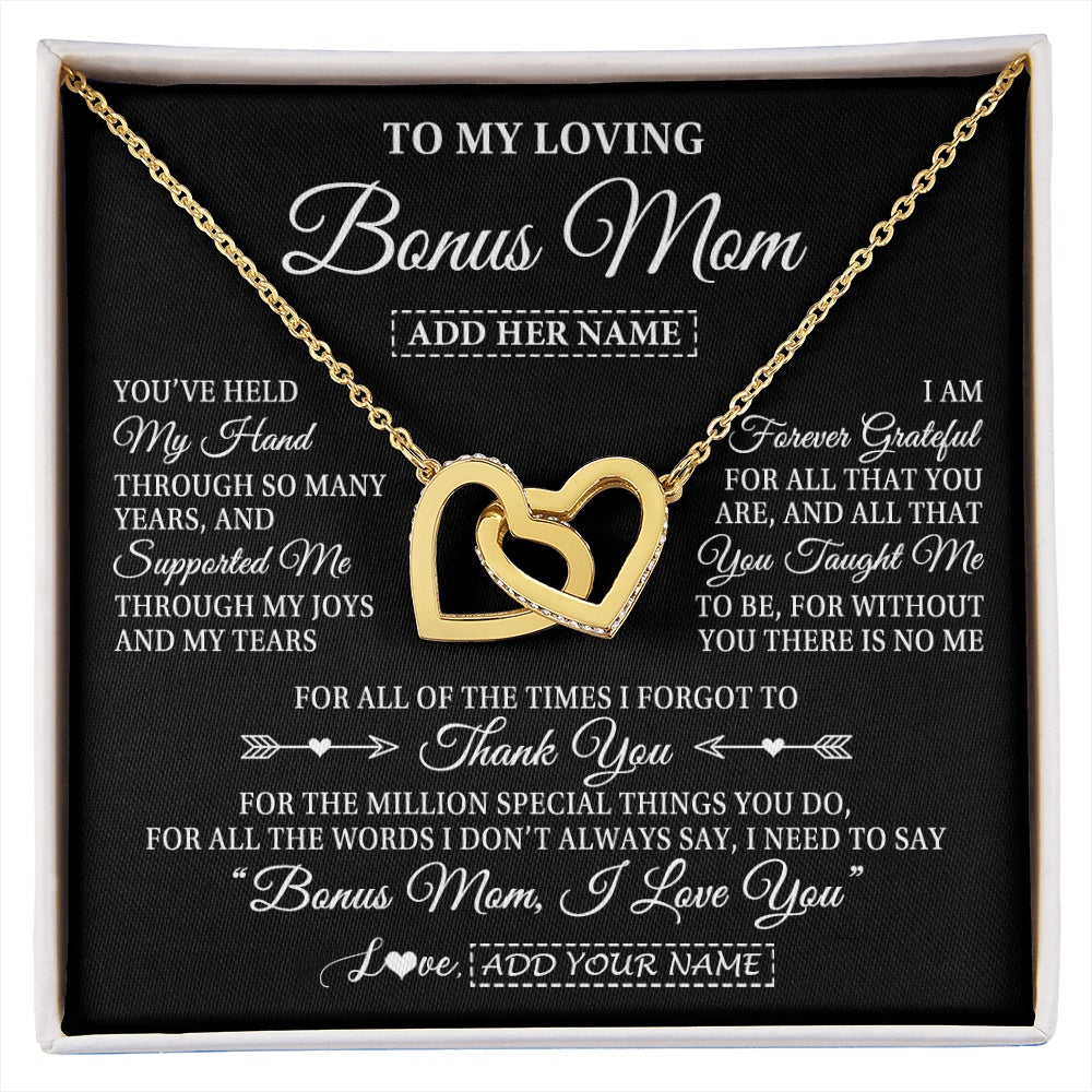 Interlocking Hearts Necklace 18K Yellow Gold Finish | 1 | Personalized To My Loving Bonus Mom Necklace From Stepdaughter You've Help My Hand Stepmom Gift Step Mom Birthday Gifts Mothers Day Gift Box Message Card | https://siriusteestore.