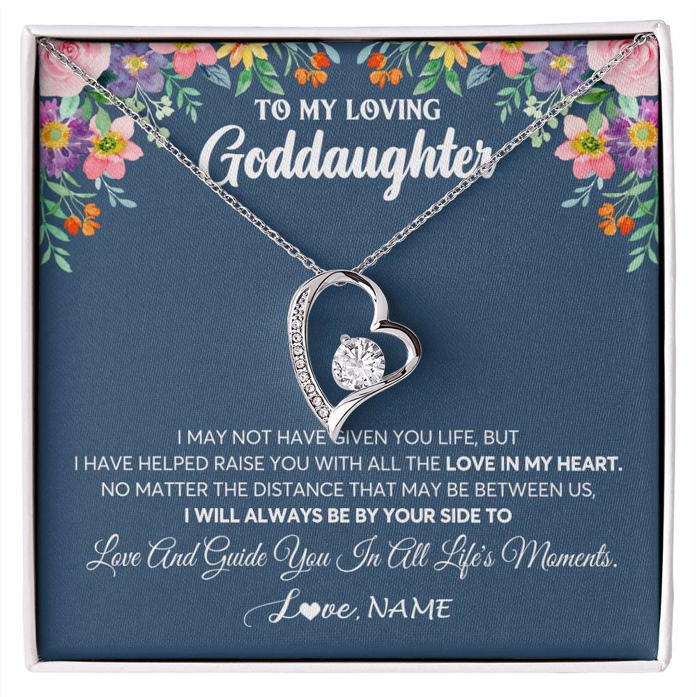 Forever Love Necklace 14K White Gold Finish | 1 | Personalized To My Loving Goddaughter Necklace From Godmother No Matter The Distance Goddaughter Birthday Christmas Jewelry Customized Gift Box Message Card | siriusteestore