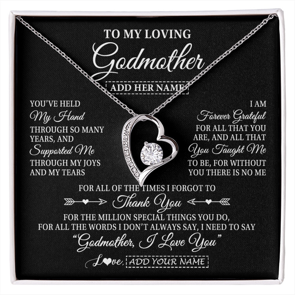 Forever Love Necklace 14K White Gold Finish | 1 | Personalized To My Loving Godmother Necklace From Niece You've Help My Hand Aunt Gift From Godchild Godmother Birthday Gifts Mothers Day Gift Box Message Card | https://siriusteestore.