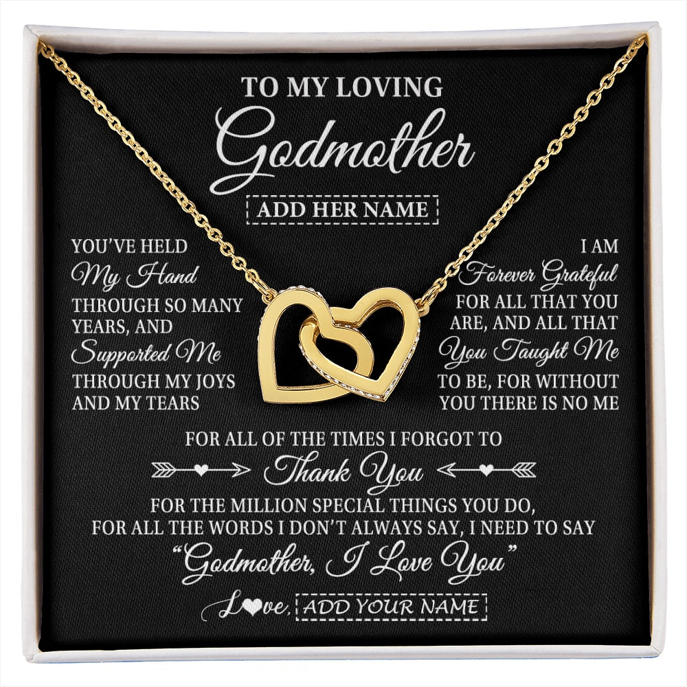 Interlocking Hearts Necklace 18K Yellow Gold Finish | 1 | Personalized To My Loving Godmother Necklace From Niece You've Help My Hand Aunt Gift From Godchild Godmother Birthday Gifts Mothers Day Gift Box Message Card | https://siriusteestore.