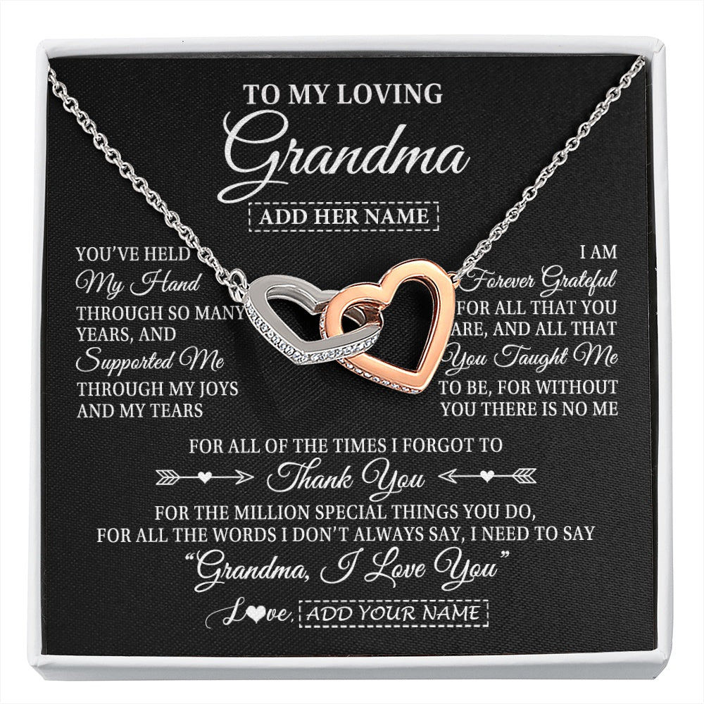 Interlocking Hearts Necklace Stainless Steel & Rose Gold Finish | 1 | Personalized To My Loving Grandma Necklace From Granddaughter You've Help My Hand Grandma Gift From Grandson Grandma Birthday Mothers Day Gift Box Message Card | https://siriusteestore.