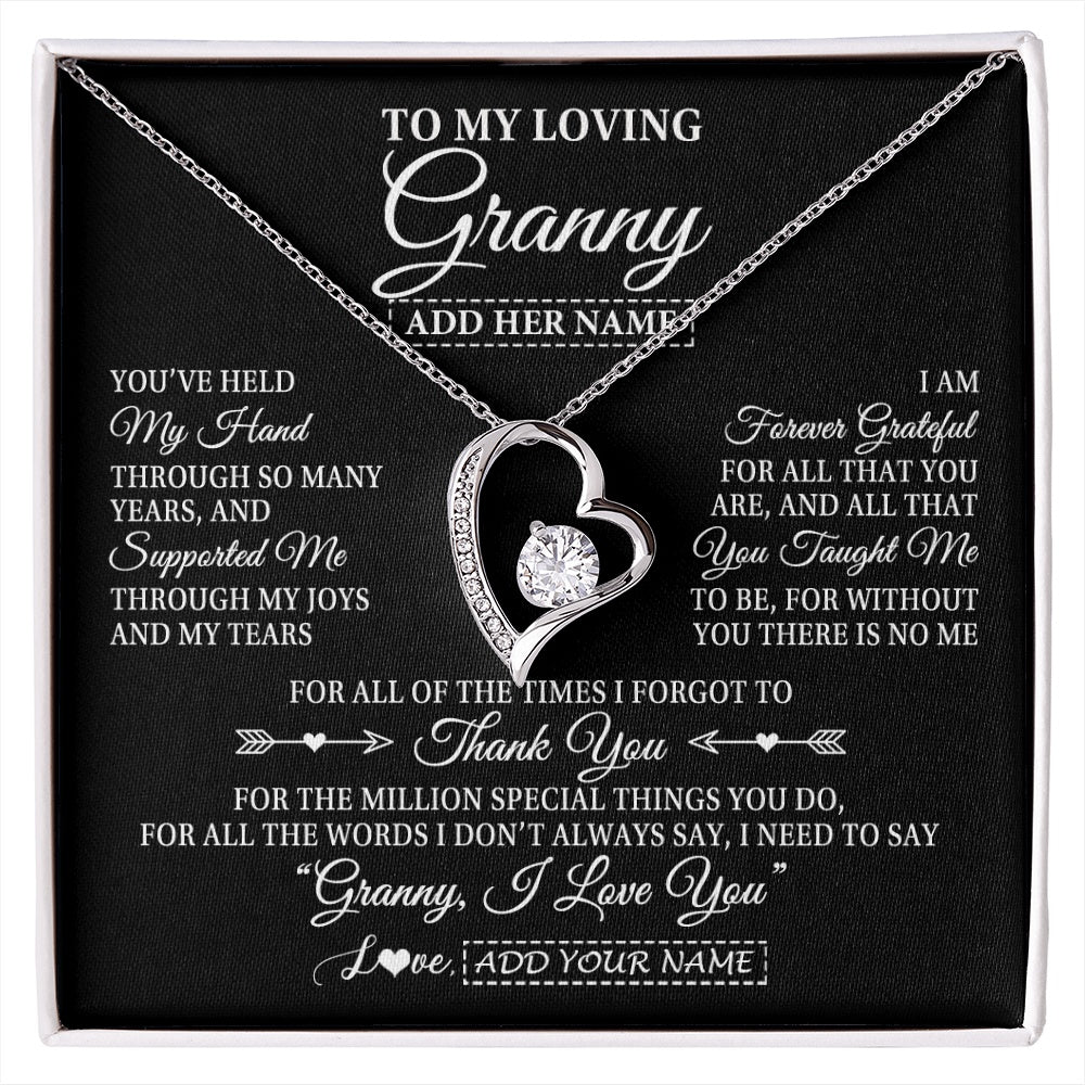 Forever Love Necklace 14K White Gold Finish | 1 | Personalized To My Loving Granny Necklace From Granddaughter You've Help My Hand Granny Gift From Grandson Granny Birthday Mothers Day Gift Box Message Card | https://siriusteestore.