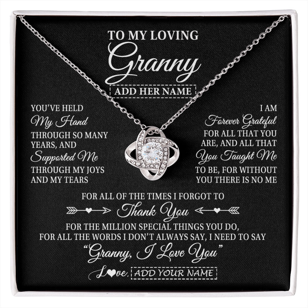 Love Knot Necklace 14K White Gold Finish | 1 | Personalized To My Loving Granny Necklace From Granddaughter You've Help My Hand Granny Gift From Grandson Granny Birthday Mothers Day Gift Box Message Card | https://siriusteestore.