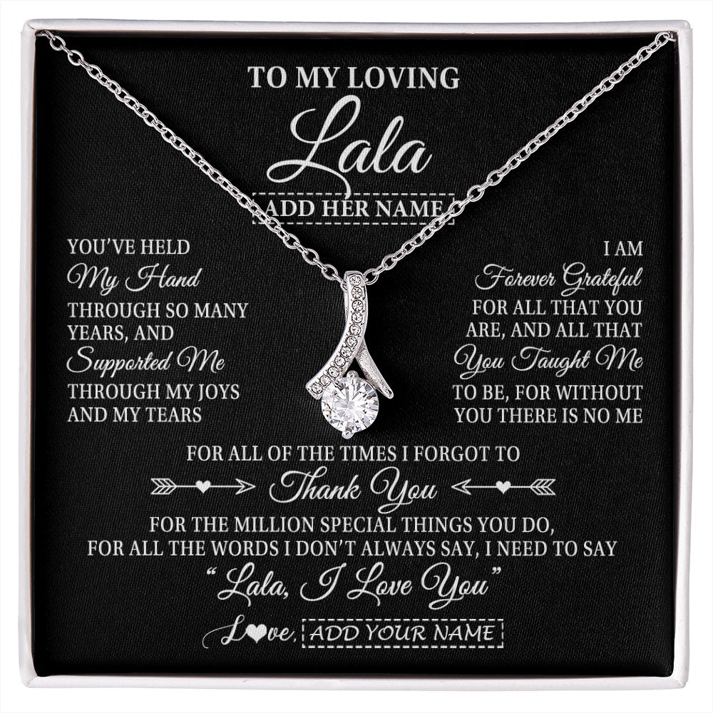 Alluring Beauty Necklace 14K White Gold Finish | 1 | Personalized To My Loving Lala Necklace From Granddaughter You've Help My Hand Lala Gift From Grandson Lala Birthday Mothers Day Custom Gift Box Message Card | https://siriusteestore.