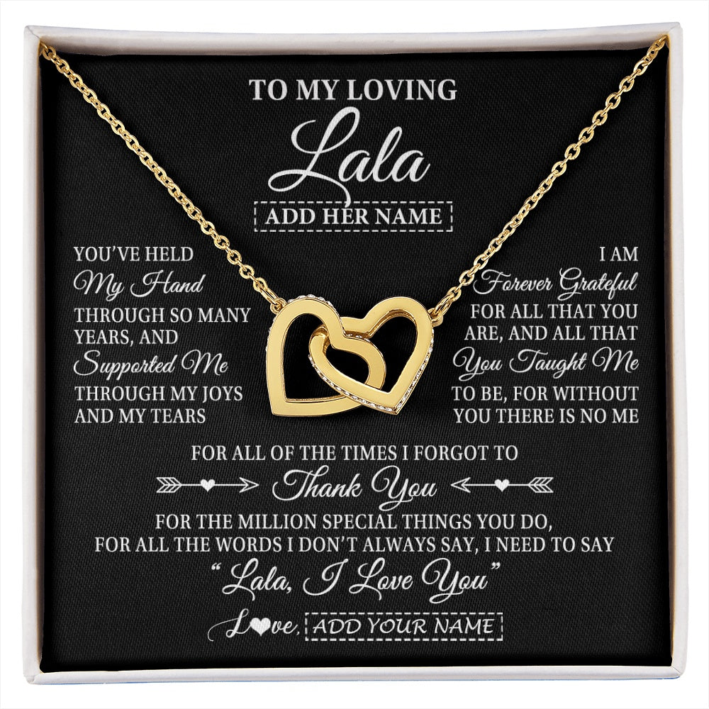 Interlocking Hearts Necklace 18K Yellow Gold Finish | 1 | Personalized To My Loving Lala Necklace From Granddaughter You've Help My Hand Lala Gift From Grandson Lala Birthday Mothers Day Custom Gift Box Message Card | https://siriusteestore.