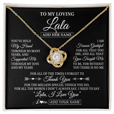 Love Knot Necklace 18K Yellow Gold Finish | 1 | Personalized To My Loving Lala Necklace From Granddaughter You've Help My Hand Lala Gift From Grandson Lala Birthday Mothers Day Custom Gift Box Message Card | https://siriusteestore.