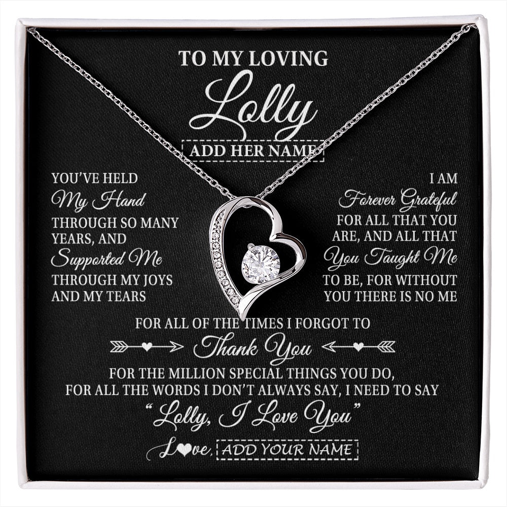 Forever Love Necklace 14K White Gold Finish | 1 | Personalized To My Loving Lolly Necklace From Granddaughter You've Help My Hand Lolly Gift From Grandson Lolly Birthday Mothers Day Gift Box Message Card | https://siriusteestore.