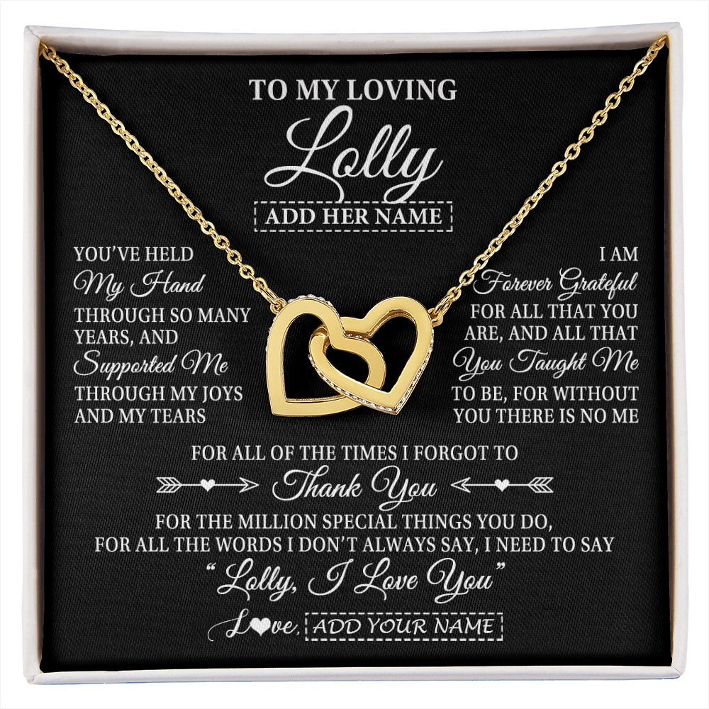 Interlocking Hearts Necklace 18K Yellow Gold Finish | 1 | Personalized To My Loving Lolly Necklace From Granddaughter You've Help My Hand Lolly Gift From Grandson Lolly Birthday Mothers Day Gift Box Message Card | https://siriusteestore.