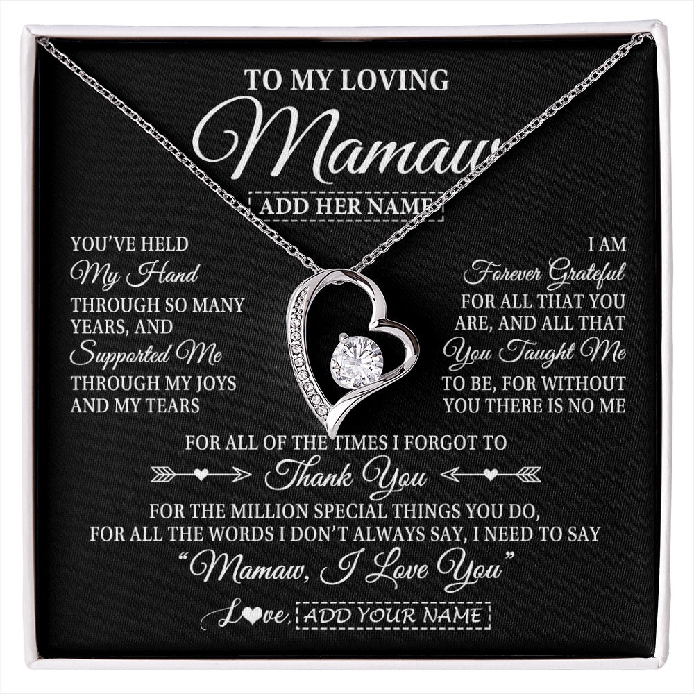 Forever Love Necklace 14K White Gold Finish | 1 | Personalized To My Loving Mamaw Necklace From Granddaughter You've Help My Hand Mamaw Gift From Grandson Mamaw Birthday Mothers Day Gift Box Message Card | https://siriusteestore.