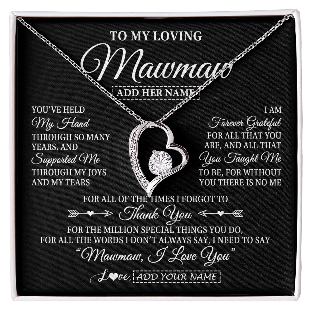 Forever Love Necklace 14K White Gold Finish | 1 | Personalized To My Loving Mawmaw Necklace From Granddaughter You've Help My Hand Mawmaw Gift From Grandson Mawmaw Birthday Mothers Day Gift Box Message Card | https://siriusteestore.