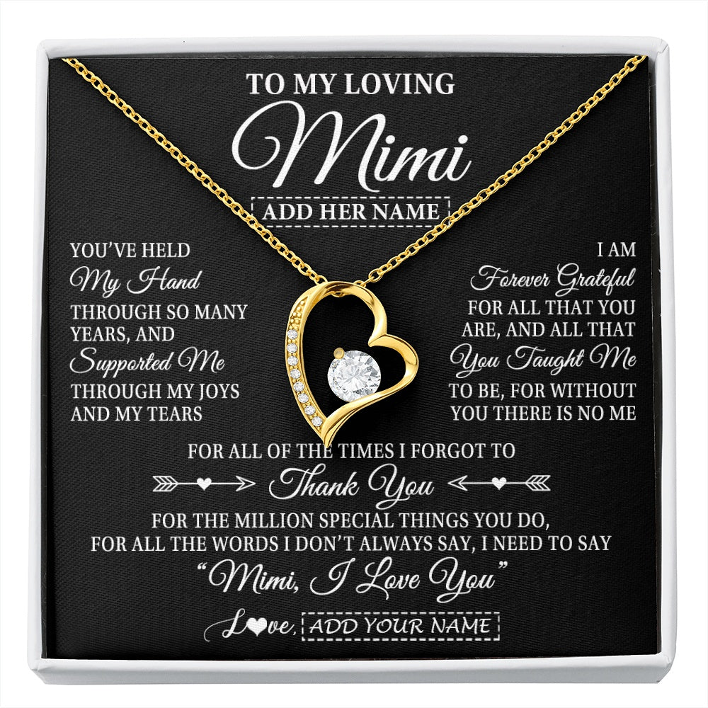 Forever Love Necklace 18K Yellow Gold Finish | 1 | Personalized To My Loving Mimi Necklace From Granddaughter You've Help My Hand Mimi Gift From Grandson Mimi Birthday Mothers Day Custom Gift Box Message Card | https://siriusteestore.