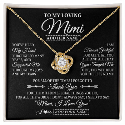 Love Knot Necklace 18K Yellow Gold Finish | 1 | Personalized To My Loving Mimi Necklace From Granddaughter You've Help My Hand Mimi Gift From Grandson Mimi Birthday Mothers Day Custom Gift Box Message Card | https://siriusteestore.