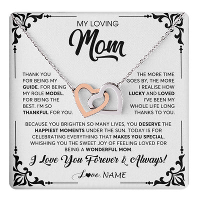 Interlocking Hearts Necklace Stainless Steel & Rose Gold Finish | 1 | Personalized To My Loving Mom Necklace From Daughter Thank You For Being My Guide Mom Mothers Day Birthday Christmas Jewelry Customized Gift Box Message Card | siriusteestore