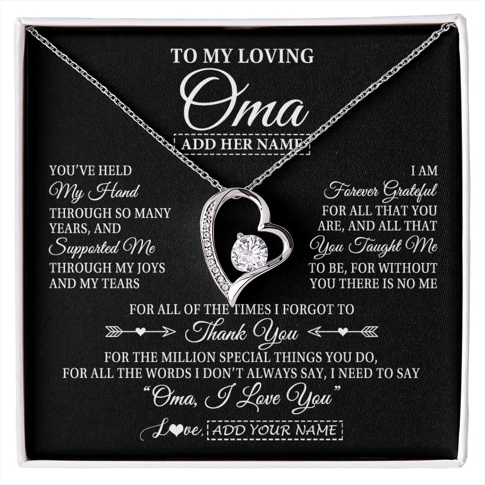 Forever Love Necklace 14K White Gold Finish | 1 | Personalized To My Loving Oma Necklace From Granddaughter You've Help My Hand Oma Gift From Grandson Oma Birthday Gifts Mothers Day Gift Box Message Card | https://siriusteestore.