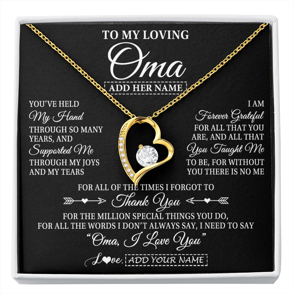 Forever Love Necklace 18K Yellow Gold Finish | 1 | Personalized To My Loving Oma Necklace From Granddaughter You've Help My Hand Oma Gift From Grandson Oma Birthday Gifts Mothers Day Gift Box Message Card | https://siriusteestore.