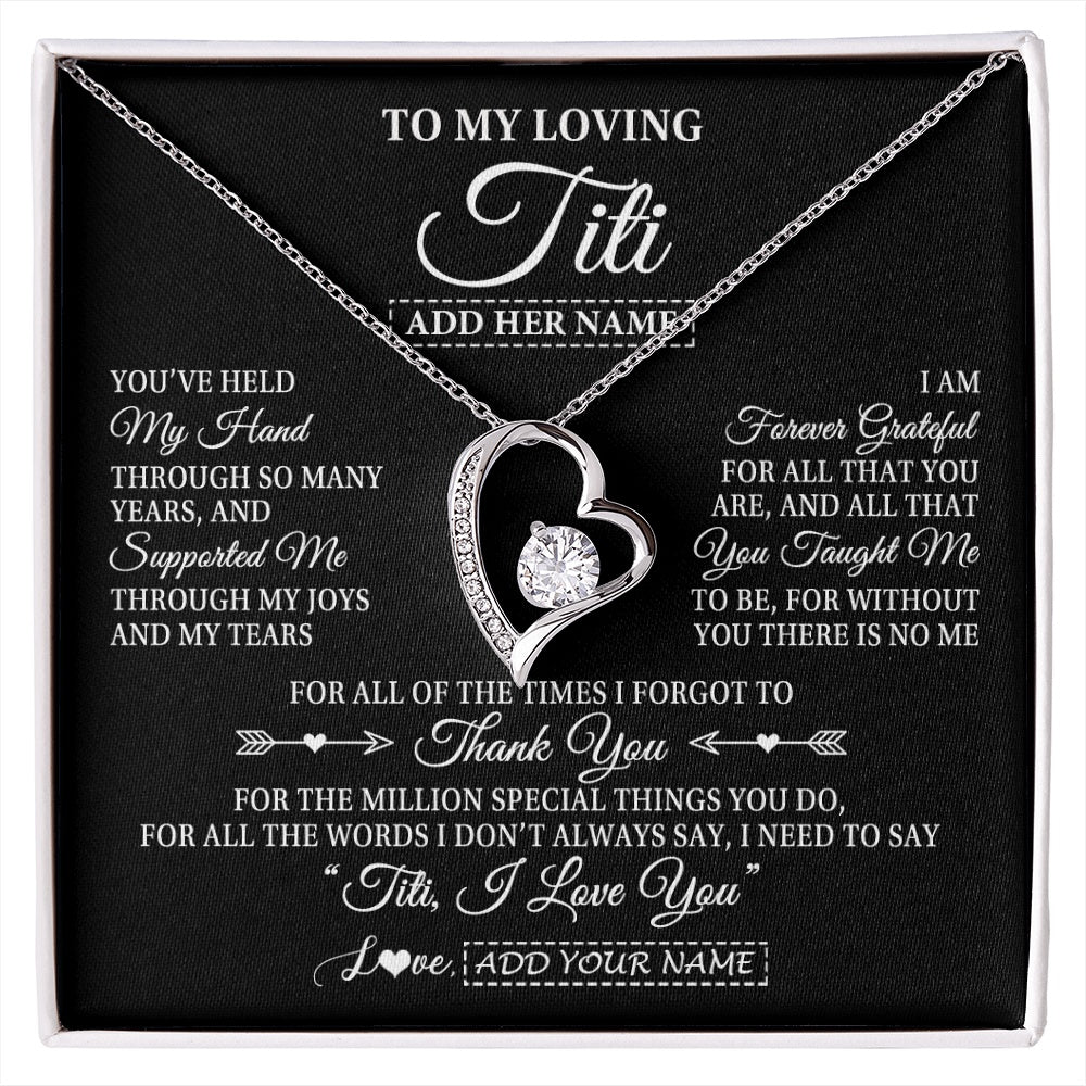 Forever Love Necklace 14K White Gold Finish | 1 | Personalized To My Loving Titi Necklace From Niece You've Help My Hand Aunt Gift From Nephew Aunt Birthday Gifts Mothers Day Custom Gift Box Message Card | https://siriusteestore.
