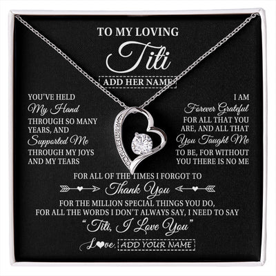 Forever Love Necklace 14K White Gold Finish | 1 | Personalized To My Loving Titi Necklace From Niece You've Help My Hand Aunt Gift From Nephew Aunt Birthday Gifts Mothers Day Custom Gift Box Message Card | https://siriusteestore.
