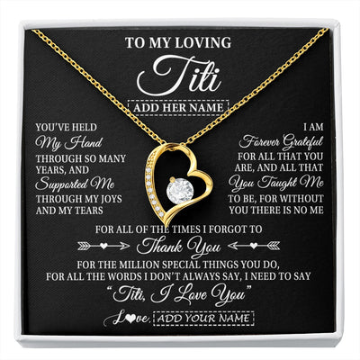 Forever Love Necklace 18K Yellow Gold Finish | 1 | Personalized To My Loving Titi Necklace From Niece You've Help My Hand Aunt Gift From Nephew Aunt Birthday Gifts Mothers Day Custom Gift Box Message Card | https://siriusteestore.