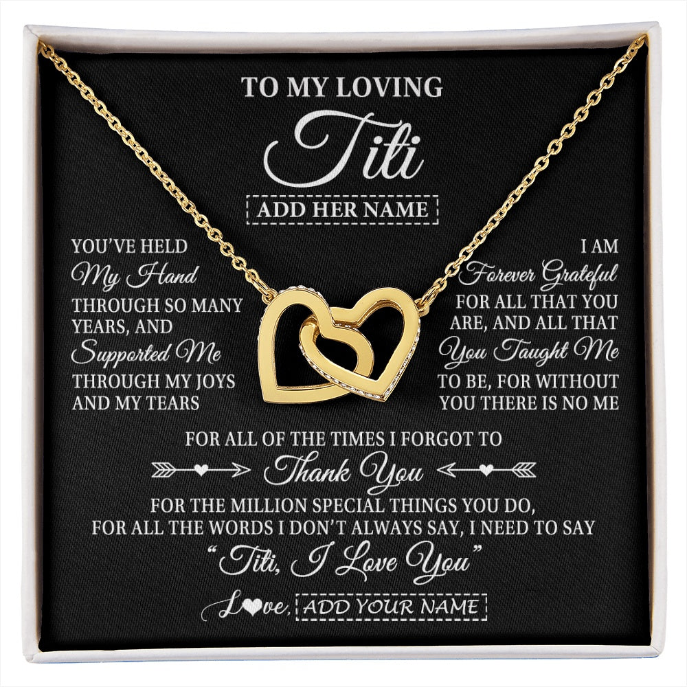 Interlocking Hearts Necklace 18K Yellow Gold Finish | 1 | Personalized To My Loving Titi Necklace From Niece You've Help My Hand Aunt Gift From Nephew Aunt Birthday Gifts Mothers Day Custom Gift Box Message Card | https://siriusteestore.