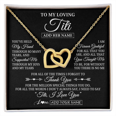 Interlocking Hearts Necklace 18K Yellow Gold Finish | 1 | Personalized To My Loving Titi Necklace From Niece You've Help My Hand Aunt Gift From Nephew Aunt Birthday Gifts Mothers Day Custom Gift Box Message Card | https://siriusteestore.