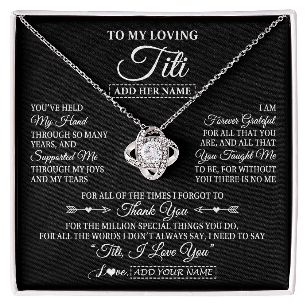 Love Knot Necklace 14K White Gold Finish | 1 | Personalized To My Loving Titi Necklace From Niece You've Help My Hand Aunt Gift From Nephew Aunt Birthday Gifts Mothers Day Custom Gift Box Message Card | https://siriusteestore.