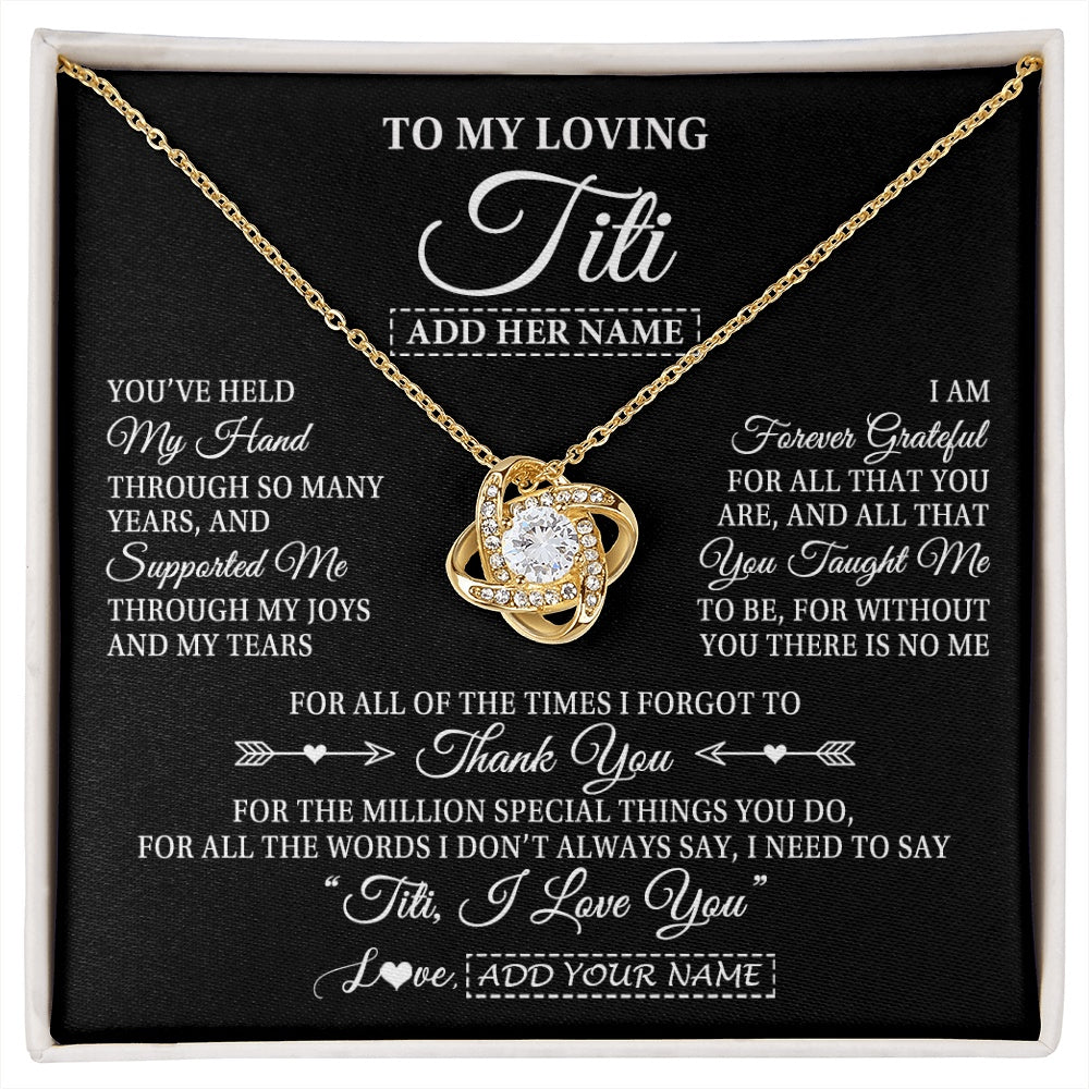 Love Knot Necklace 18K Yellow Gold Finish | 1 | Personalized To My Loving Titi Necklace From Niece You've Help My Hand Aunt Gift From Nephew Aunt Birthday Gifts Mothers Day Custom Gift Box Message Card | https://siriusteestore.