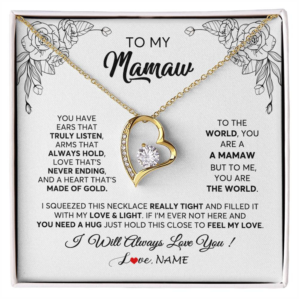 Forever Love Necklace 18K Yellow Gold Finish | 1 | Personalized To My Mamaw Necklace From Grandkids Granddaughter Hold This Close Feel My Love Mamaw Birthday Mothers Day Jewelry Customized Gift Box Message Card | siriusteestore