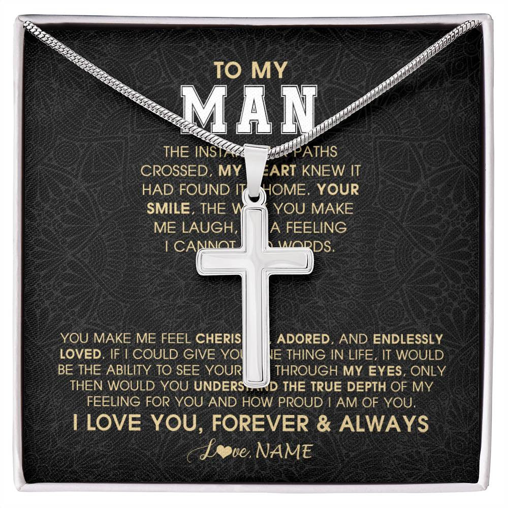 Stainless Cross Necklace Stainless Steel | 1 | Personalized To My Man Necklace The Instant Our Paths Crossed Boyfriend Fiancé Husband Valentines Day Birthday Christmas Customized Gift Box Message Card | siriusteestore