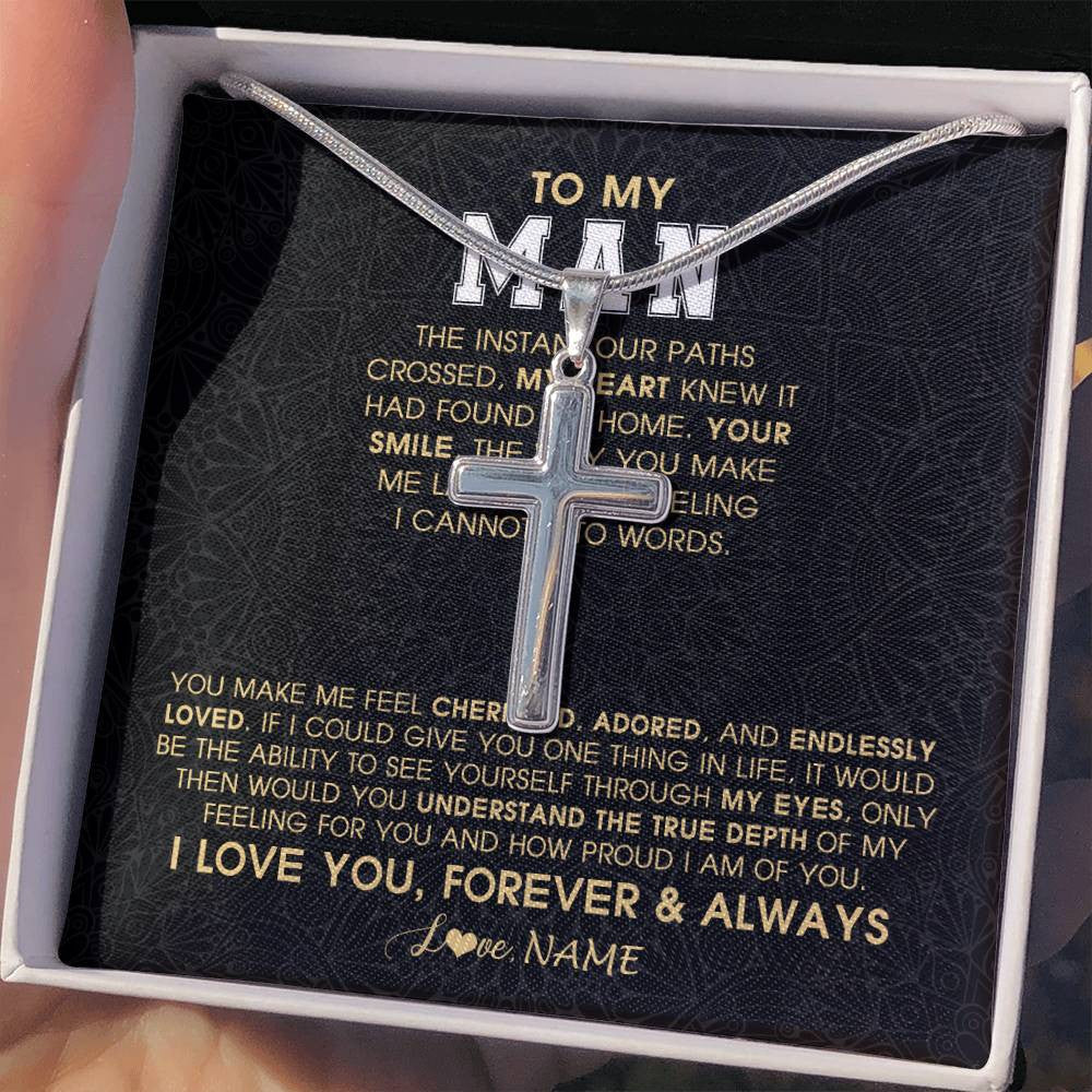 Stainless Cross Necklace Stainless Steel | 2 | Personalized To My Man Necklace The Instant Our Paths Crossed Boyfriend Fiancé Husband Valentines Day Birthday Christmas Customized Gift Box Message Card | siriusteestore