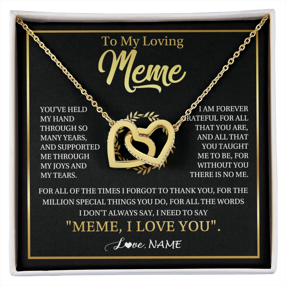 Interlocking Hearts Necklace 18K Yellow Gold Finish | 1 | Personalized To My Meme Gifts Necklace From Granddaughter Grandson Grateful Thank You Meme Birthday Mothers Day Christmas Customized Gift Box Message Card | siriusteestore