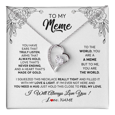 Forever Love Necklace 14K White Gold Finish | 1 | Personalized To My Meme Necklace From Grandkids Granddaughter Hold This Close Feel My Love Meme Birthday Mothers Day Christmas Customized Gift Box Message Card | siriusteestore