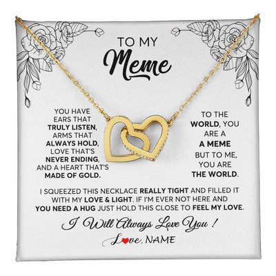 Interlocking Hearts Necklace 18K Yellow Gold Finish | 1 | Personalized To My Meme Necklace From Grandkids Granddaughter Hold This Close Feel My Love Meme Birthday Mothers Day Christmas Customized Gift Box Message Card | siriusteestore